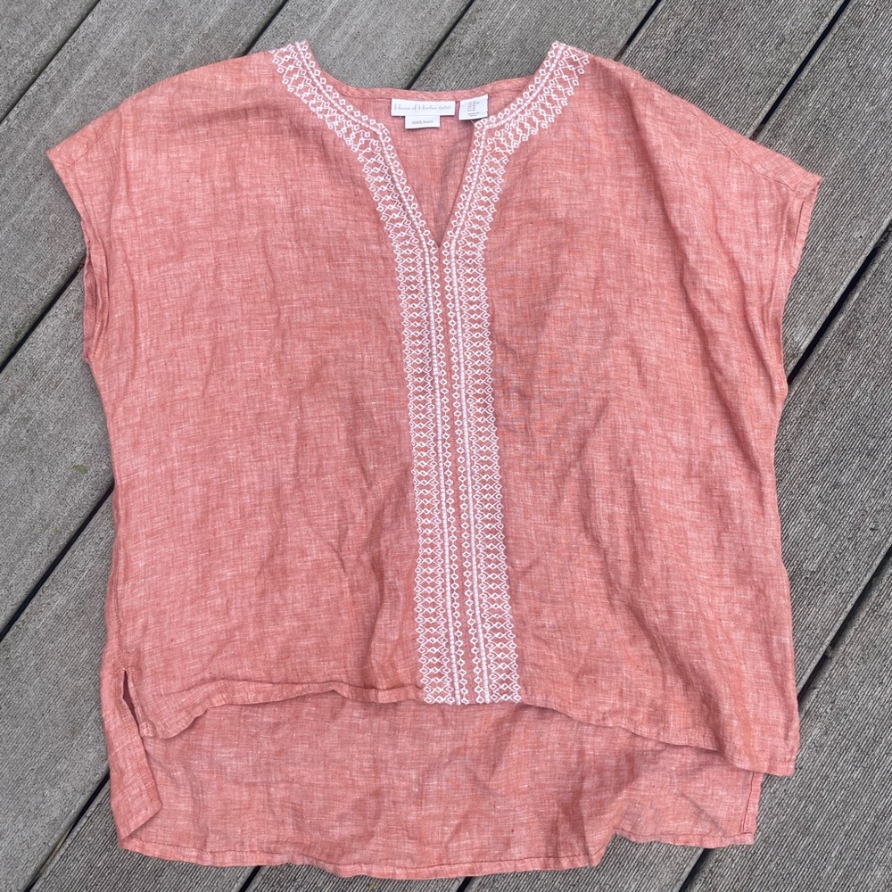 House of Harlow 1960 coral linen embroidered short cap sleeve blouse top  sz M